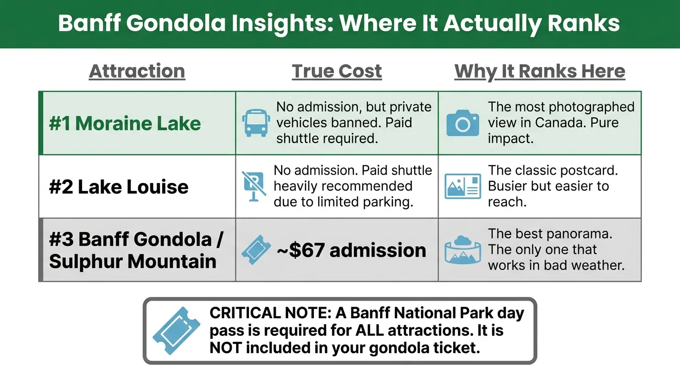 Banff attractions ranked by true cost: Moraine Lake first (no admission but private vehicles banned, paid shuttle required), Lake Louise second, Banff Gondola third at about $67 - plus the Banff National Park day pass required for all of them and not included in the gondola ticket.