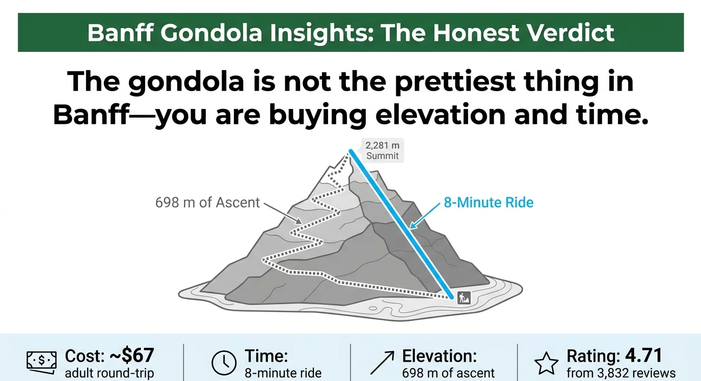 Is the Banff Gondola worth it: cross-section of Sulphur Mountain showing the 2,281 m summit, 698 m of ascent, the 5.5 km hiking trail and the 8-minute gondola ride that replaces it, with the adult round-trip price of about $67.