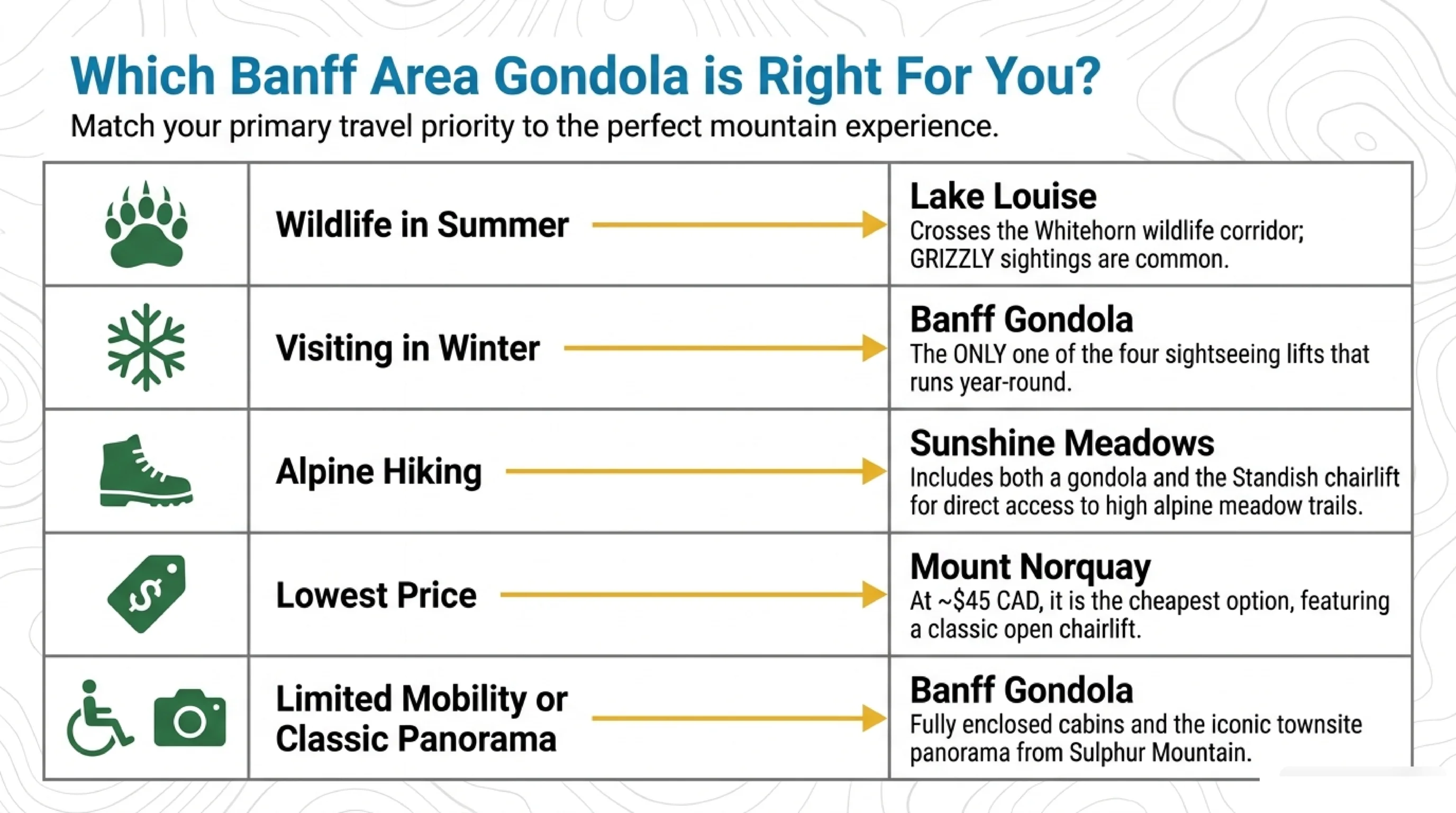 Which Banff area gondola to ride: wildlife in summer points to Lake Louise, a winter visit to the Banff Gondola as the only year-round lift, alpine hiking to Sunshine Meadows, lowest price to Mount Norquay, and limited mobility or the classic townsite panorama to the Banff Gondola.